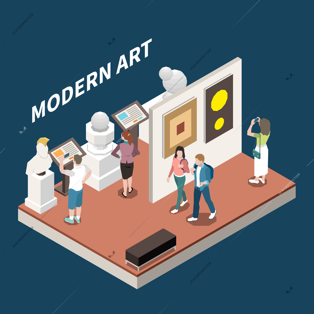 Modern art exhibition in museum interior with interactive information stands isometric background vector illustration