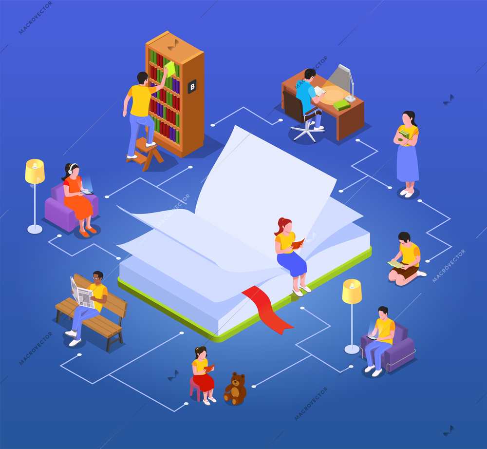 Reading isometric composition with open book image and small human characters reading books in various situations vector illustration