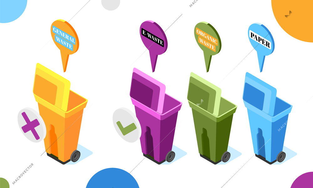 Electronic garbage isometric background with colourful waste bins with opened lids and thought bubbles with text vector illustration