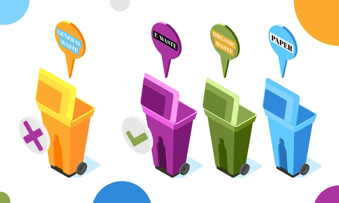Electronic garbage isometric background with colourful waste bins with opened lids and thought bubbles with text vector illustration