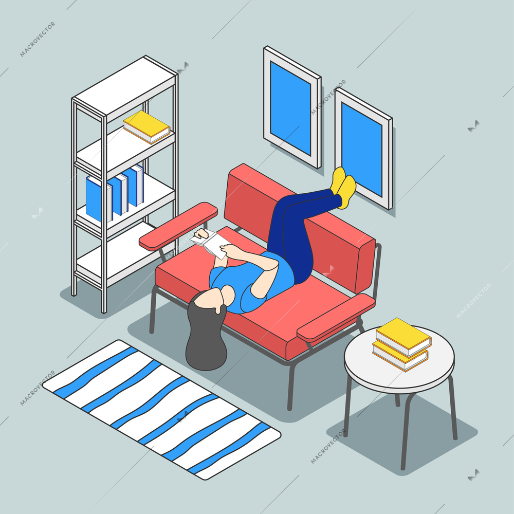 Reading people isometric background composition with interior elements and female character laying upside down with book vector illustration