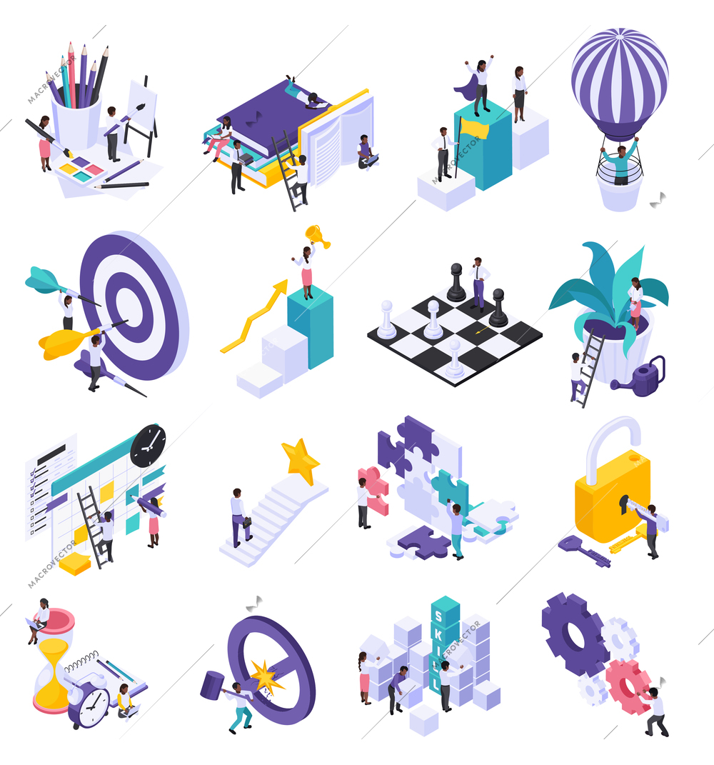 Personal growth plant watering hot air balloon puzzle chess pieces padlock key isometric symbols set vector illustration