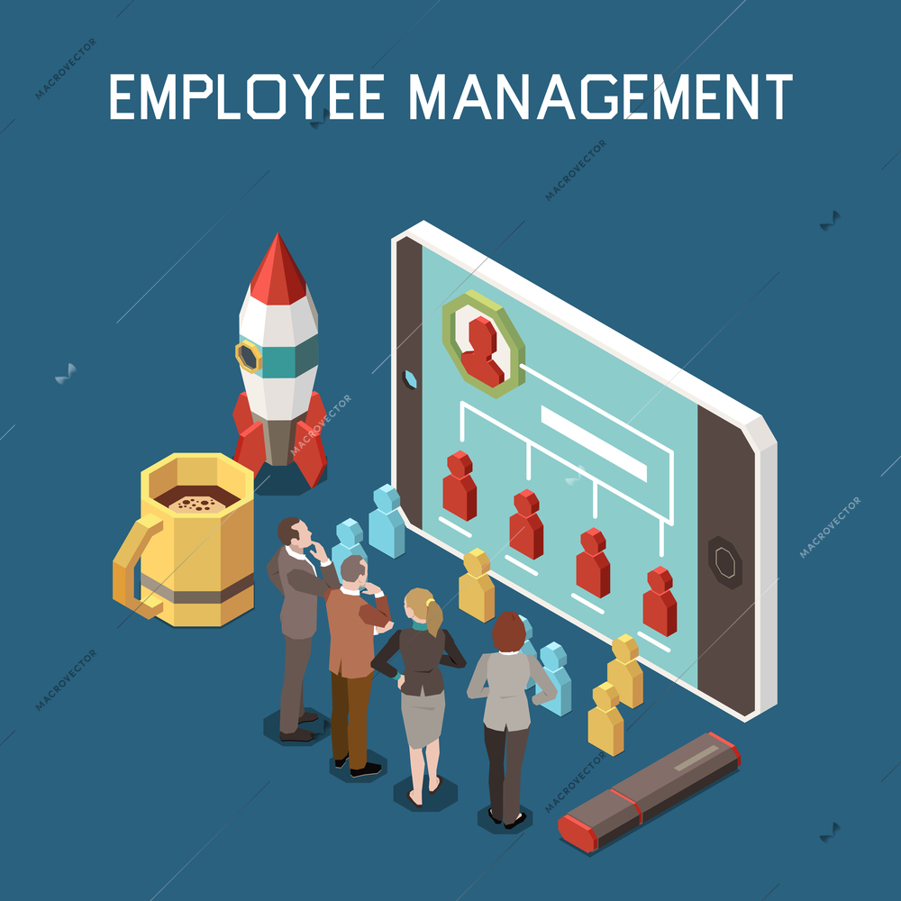 Project management isometric composition with human characters of managers personal icons with smartphone and editable text vector illustration