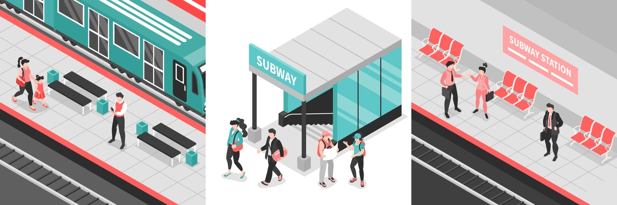 Isometric metro subway design concept with views of underground station areas with people entrance and platforms vector illustration