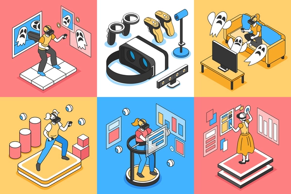 Virtual reality concept icons set with VR illusion symbols isometric isolated vector illustration