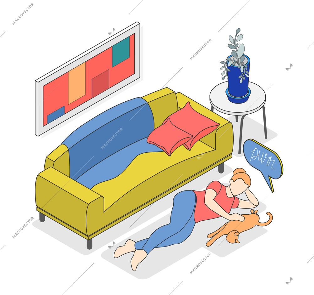 Self care concept isometric background with woman and her cat rest at home vector illustration