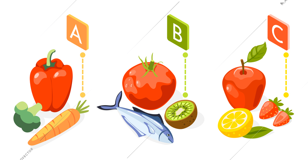 Strengthening immunity isometric colored background with vitamins found in certain fruits and vegetables vector illustration