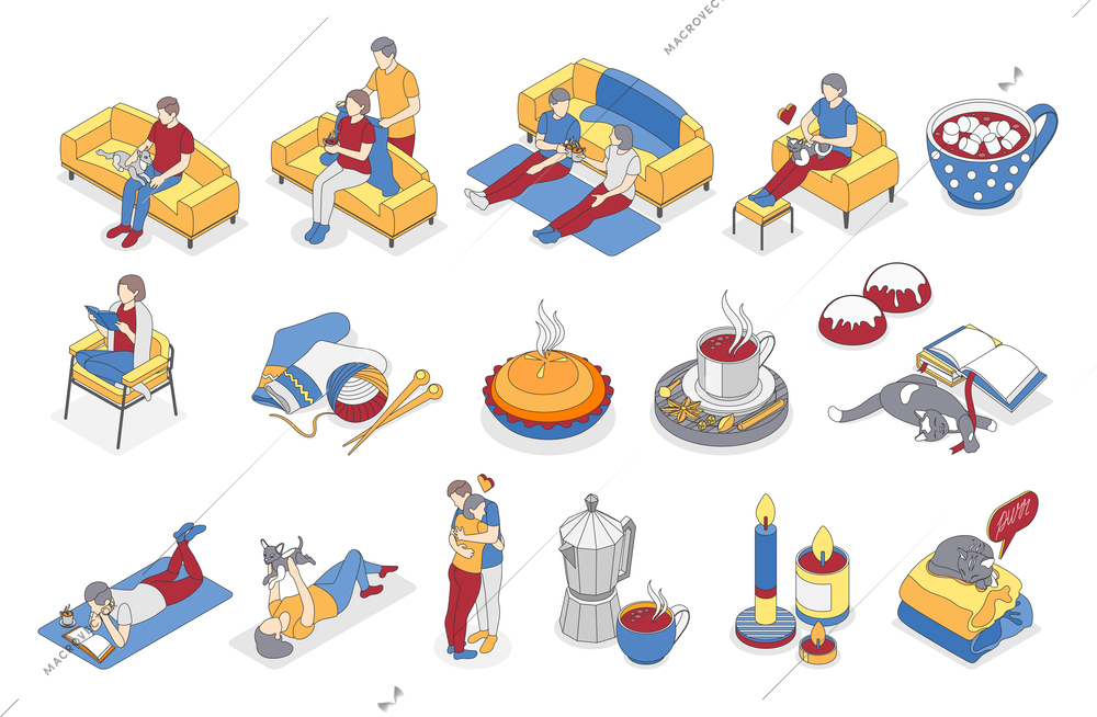 Hygge lifestyle isometric recolor icon set love calm comfort candles delicious warm food and relaxation vector illustration