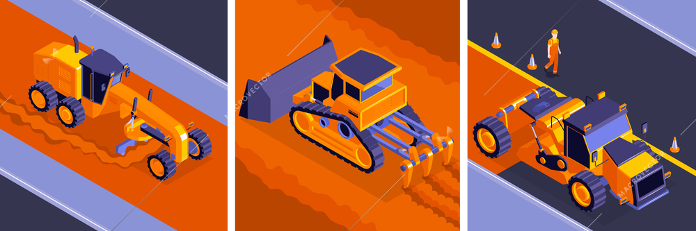 Isometric road construction design concept with square compositions of road machinery on different motorway constructing stages vector illustration