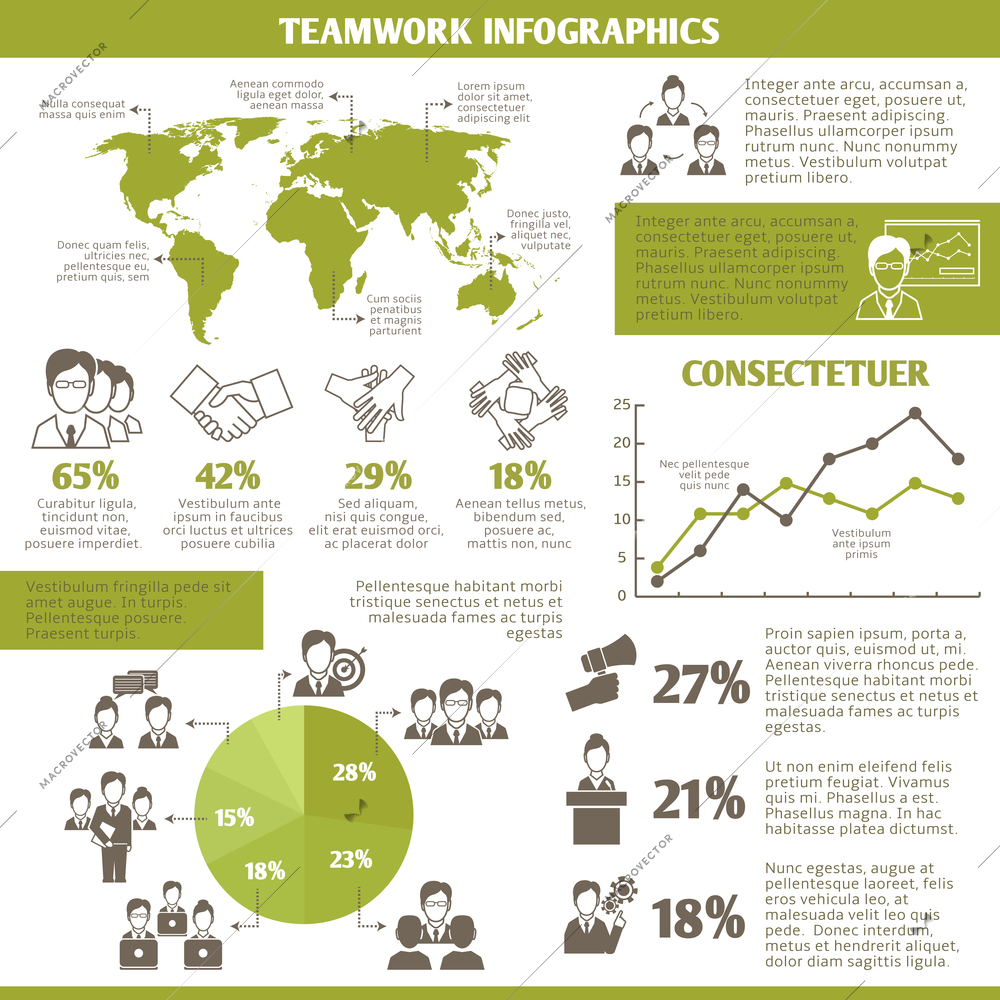 Teamwork global networking and collaboration infographic elements with business charts vector illustration