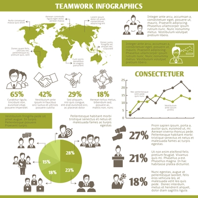 Teamwork global networking and collaboration infographic elements with business charts vector illustration