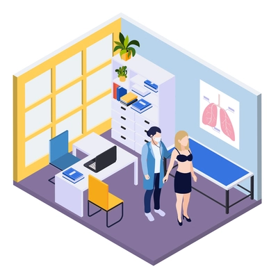 Medical testing isometric background with doctor listening to patient lungs in medical office vector illustration