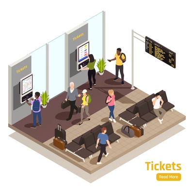 User friendly technologies isometric composition with self service railway tickets vending machine customer interface system vector illustration