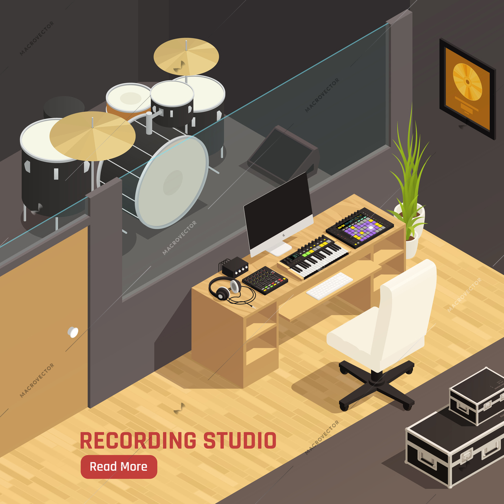 DJ recording studio percussion musical instruments acoustic equipment pc mixer controller isometric web page composition vector illustration