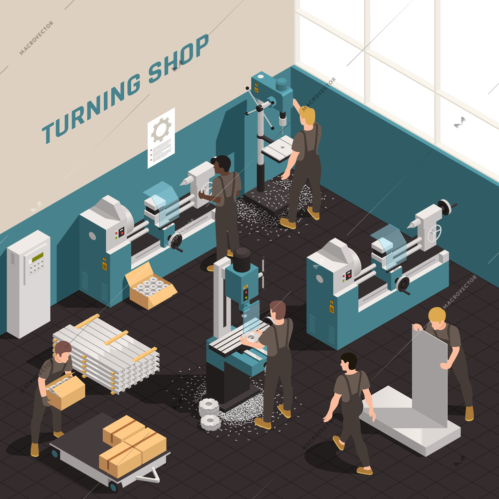 Metalworking shop facility precision equipment isometric composition with people working on metal lathes turning machines vector illustration