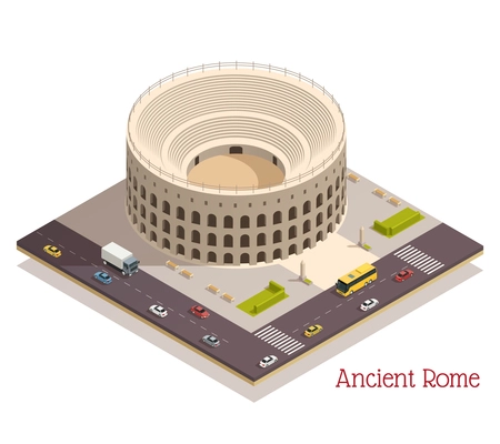 Famous ancient rome colosseum amfitheater building tourist attraction landmark in modern surrounding area isometric composition vector illustration