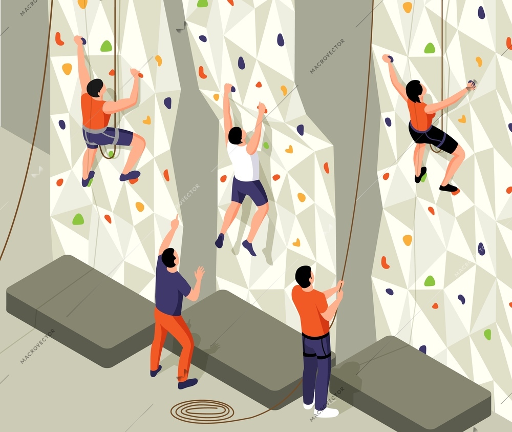 Isometric climbing composition with view of training wall with ropes and characters of instructors and trainee vector illustration