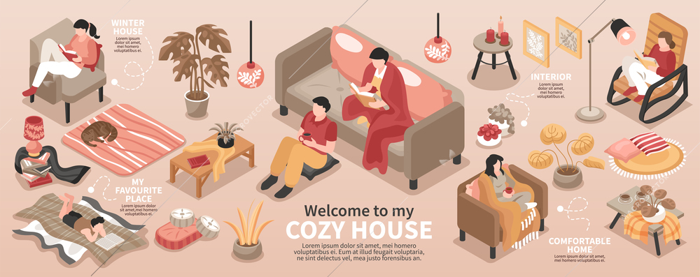 Isometric infographics with cozy home interior and relaxing people 3d vector illustration