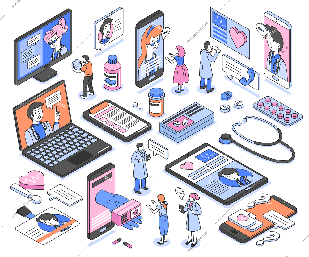 Isometric icons set with doctors consulting patients and prescribing medicine online 3d isolated vector illustration