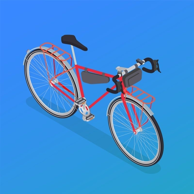 Bicycle isometric composition with isolated image of cruiser bike with piece covers luggage carriers and shadow vector illustration