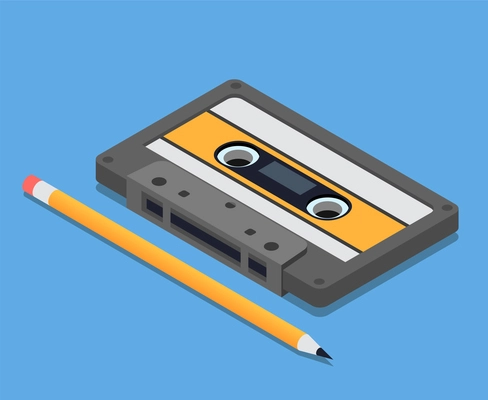 Retro devices isometric composition with isolated images of vintage audio cassette and pencil for scrubbing tape vector illustration