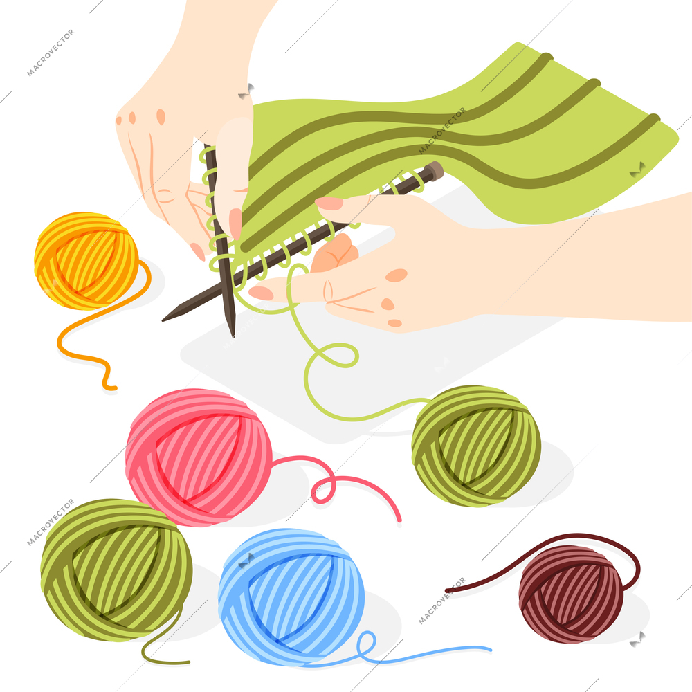 Knitting isometric concept with handmade clothes symbols isolated vector illustration