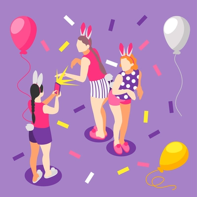 Pajama party isometric background composition with festive characters of girls in costumes with balloons and confetti vector illustration