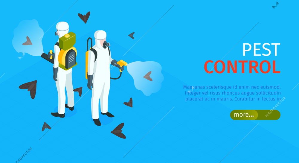 Pest control horizontal banner with exterminators of insects in chemical protective using repellents against pests isometric vector illustration