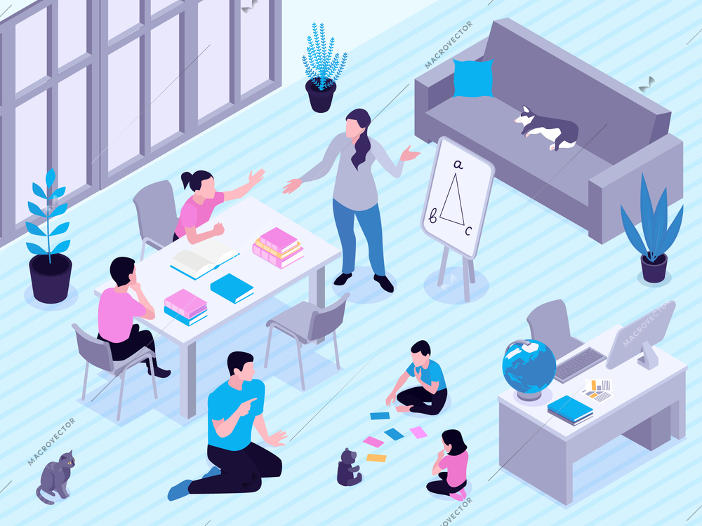 Homeschooling family isometric living room interior composition learning geography with mother teaching through games father vector illustration