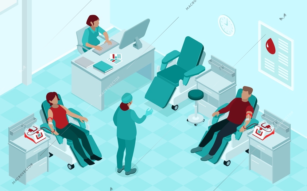 Blood donation procedure isometric compositions with donors in reclining chairs listening to nurse instructions vector illustration