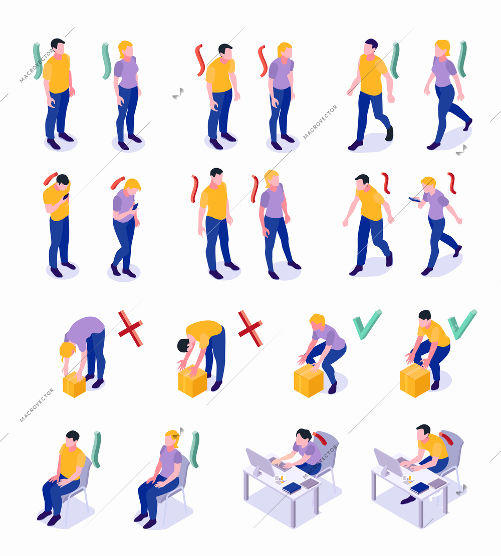 Improper correct posture maintaining with good body parts alignment walking sitting lifting objects isometric set vector illustration