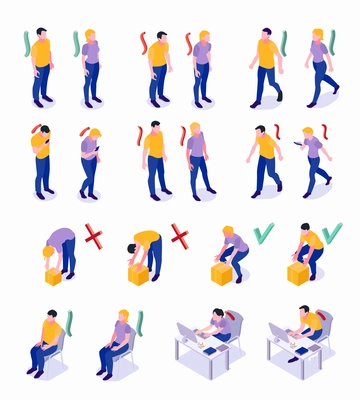 Improper correct posture maintaining with good body parts alignment walking sitting lifting objects isometric set vector illustration