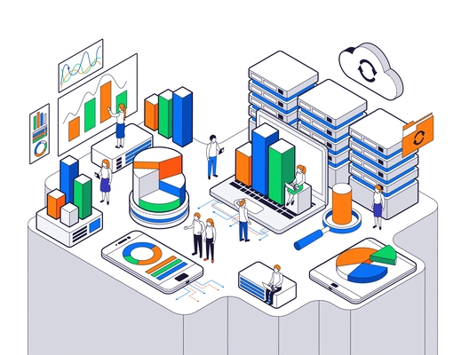 Big data science analysis isometric with abstract elements clouds docs hard drivers and 3 d charts vector illustration