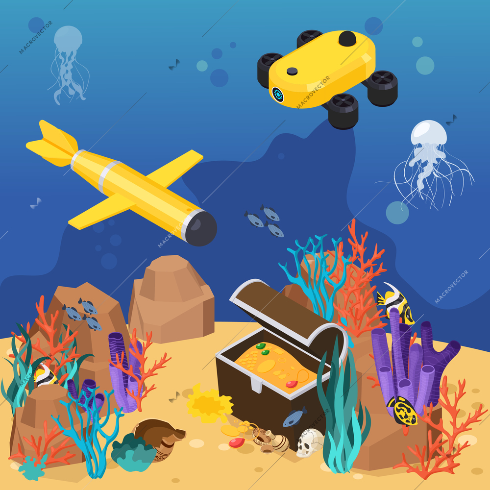 Isometric colored underwater vehicles machines equipment composition underwater ships found a treasure at the bottom of the ocean vector illustration