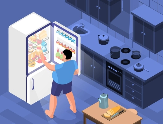 Isometric obesity horizontal composition with view of kitchen interior with fat person opening door of fridge vector illustration