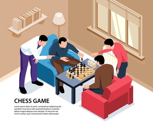 Isometric chess game background with editable text and indoor home interior with adult people playing game vector illustration