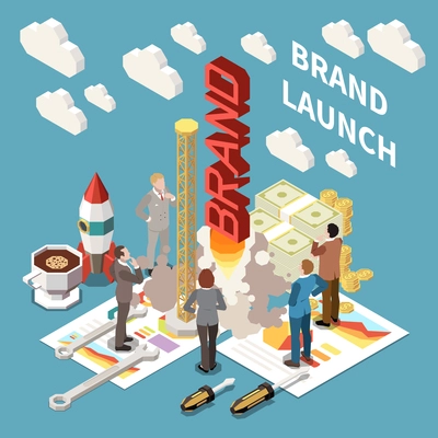 Team working on launching of new brand isometric concept 3d vector illustration