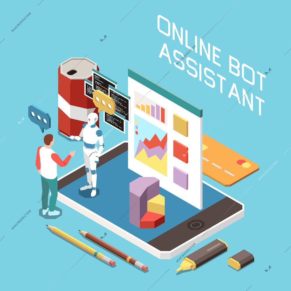 Isometric digitization concept with man talking to online bot assistant 3d vector illustration