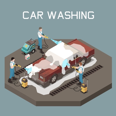 Three men in uniform washing passenger car with high pressure washer isometric 3d concept vector illustration