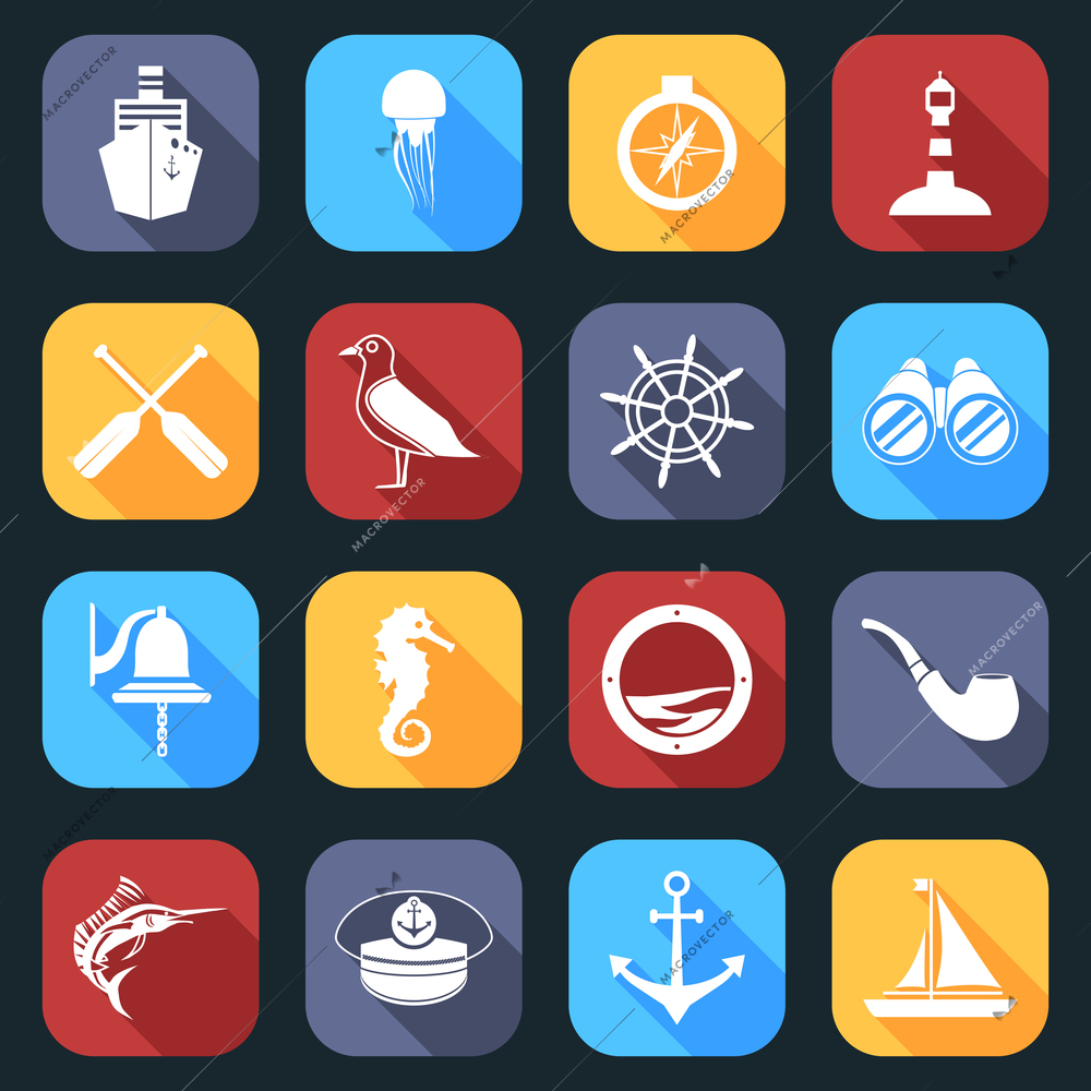 Nautical sea travel flat icons set with paddles seagull helm isolated vector illustration.