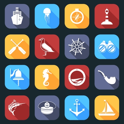 Nautical sea travel flat icons set with paddles seagull helm isolated vector illustration.