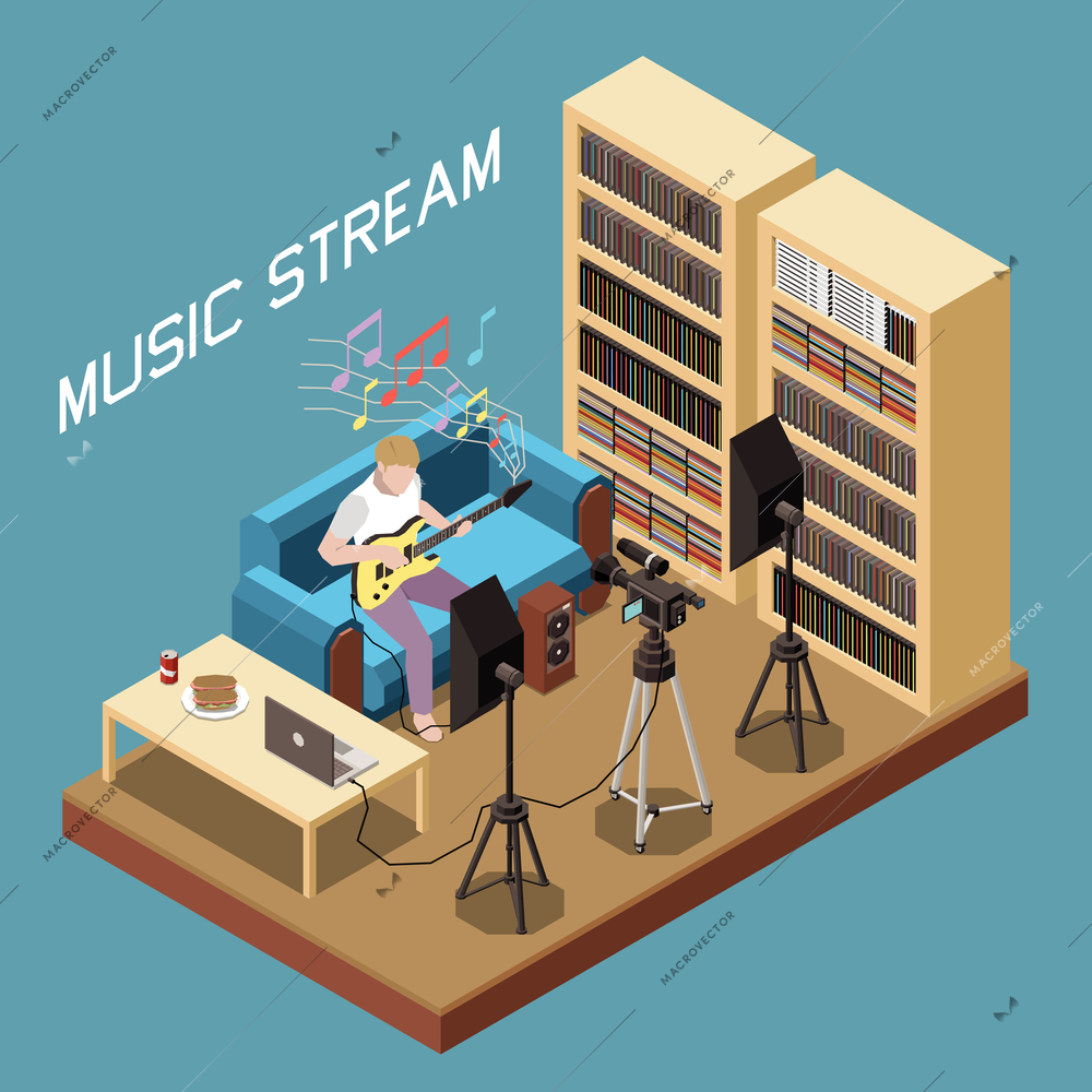 Isometric music stream composition with man playing guitar online 3d vector illustration