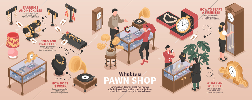 Pawn shop isometric infographics layout with images of valuable items and information about how to start business vector illustration