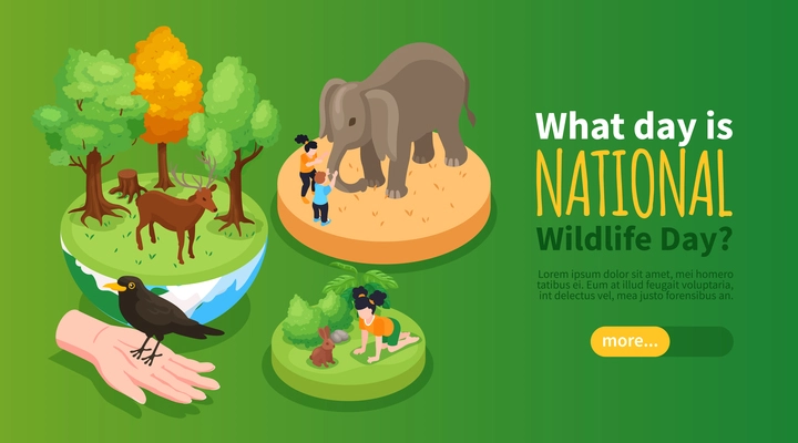 World wildlife day horizontal banner with deer elephant bunny cartoon characters isometric vector illustration