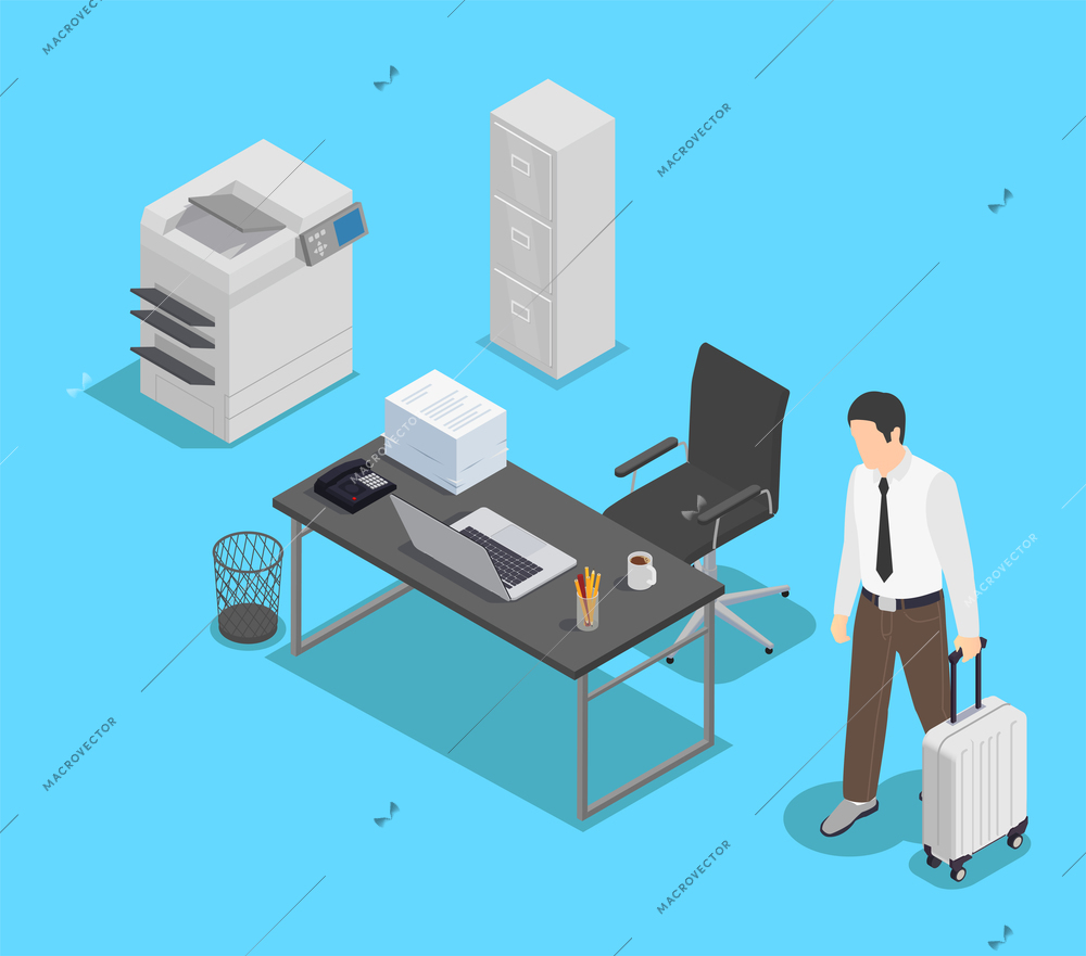 Professional burnout depression frustration isometric composition with character of distracted worker and view of his workspace vector illustration