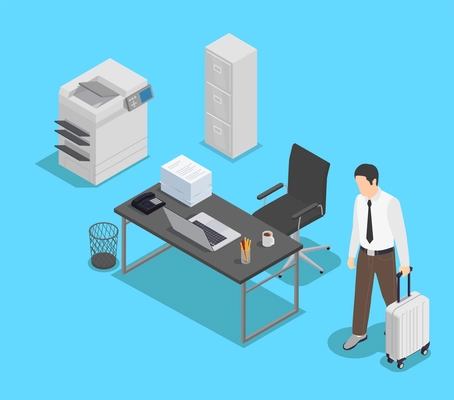 Professional burnout depression frustration isometric composition with character of distracted worker and view of his workspace vector illustration