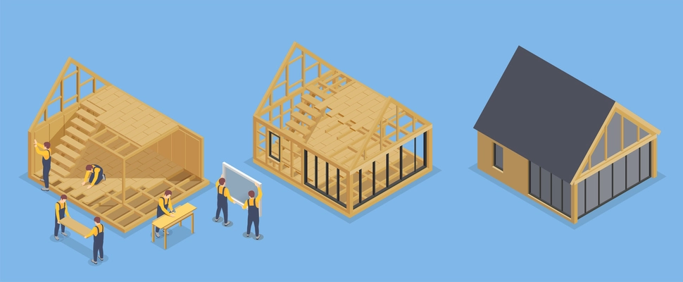 Modular frame building isometric composition with set of isolated views workers stages of living house construction vector illustration