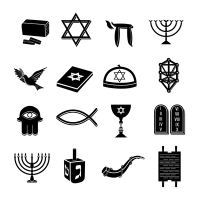 Juwish church traditional religious symbols black icons set isolated vector illustration