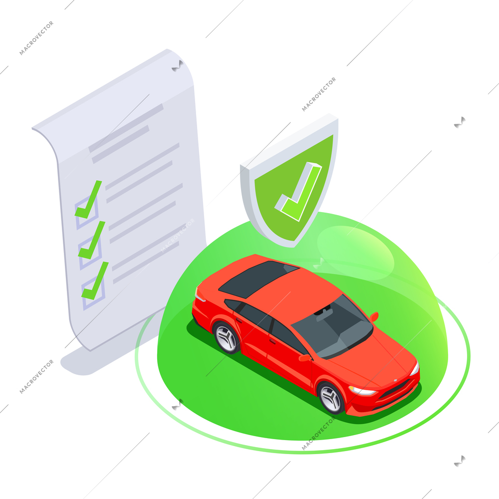 Car ownership usage isometric composition with bubble and protected car icon with sign of paper agreement vector illustration