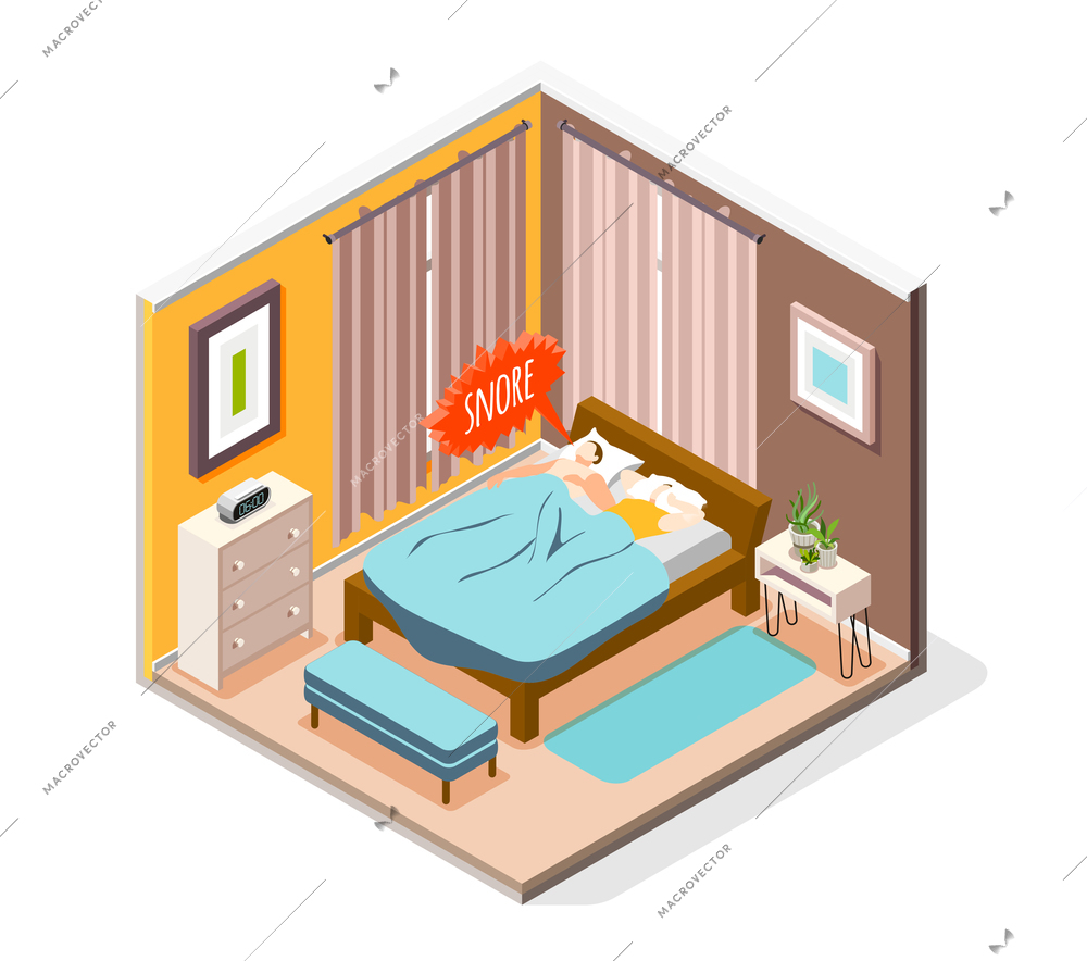 Men women living together problems isometric composition with couple in bed snoring husband suffering wife vector illustration